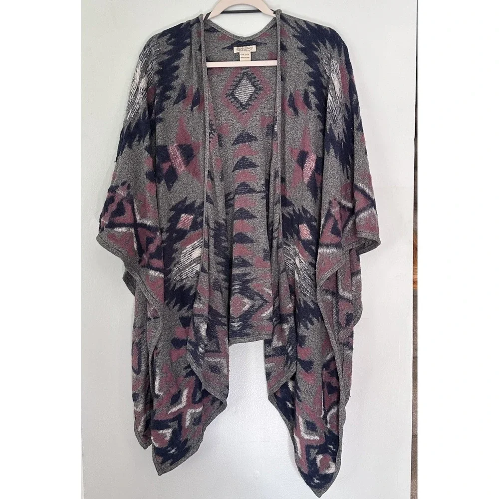 Lucky Brand Boho Poncho Wrap Open Front Aztec Asymmetrical Pink Black‎ Size OS